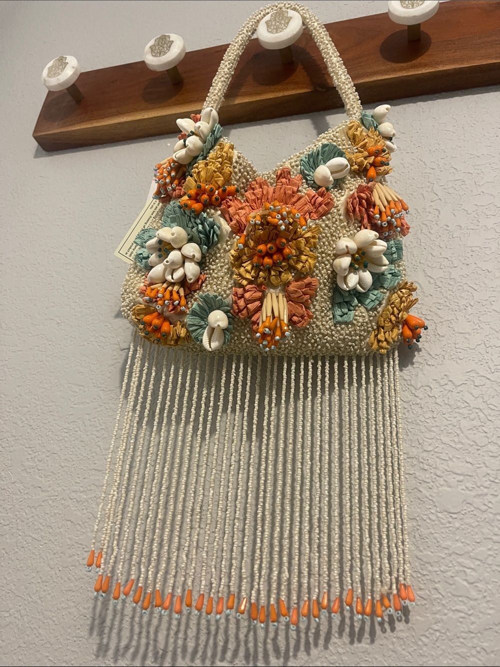 Viral Beaded Bag - Floral Fringe Satchel - Ivory with Orange & Teal Accents - Picture 4 of 12